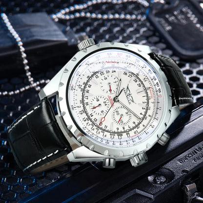 JARAGAR Pilot Mechanical Watch for Men – Multifunctional Small Dials, Leather & Steel Strap, Sports Military Automatic Watch