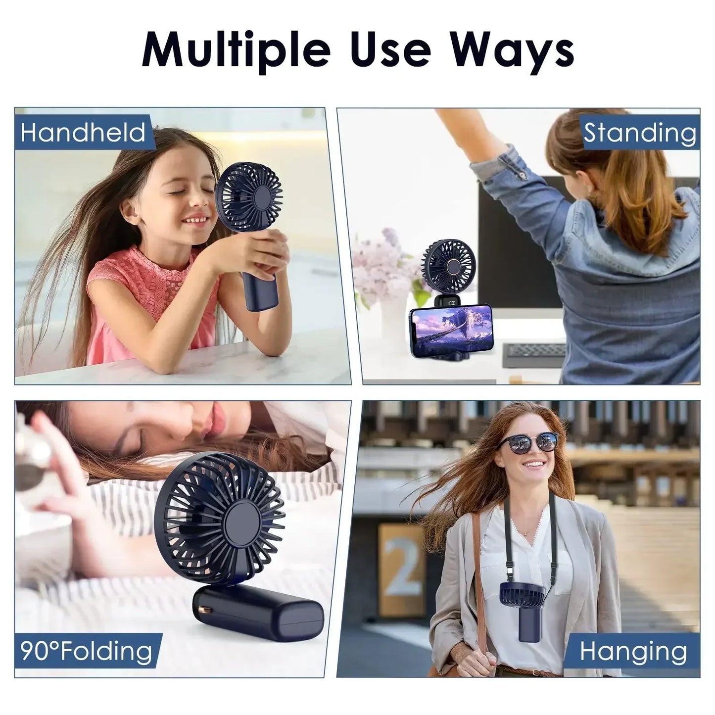 5000mAh Handheld Mini Fan – Wireless USB Rechargeable Portable Fan with Digital Display, Phone Holder, 5-Speed Foldable Neck Hanging Fan