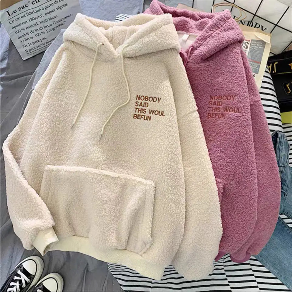 Women's Warm Fluffy Hoodie - Autumn Winter Lamb Wool Fleece Pullover Sweatshirt with Letter Print