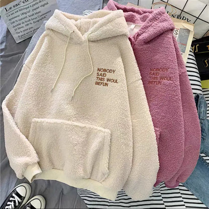 Women's Warm Fluffy Hoodie - Autumn Winter Lamb Wool Fleece Pullover Sweatshirt with Letter Print