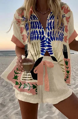 Women’s Summer 2-Piece Set – Lapel Short-Sleeve Shirt & Shorts, Elegant Loose Printed Outfit
