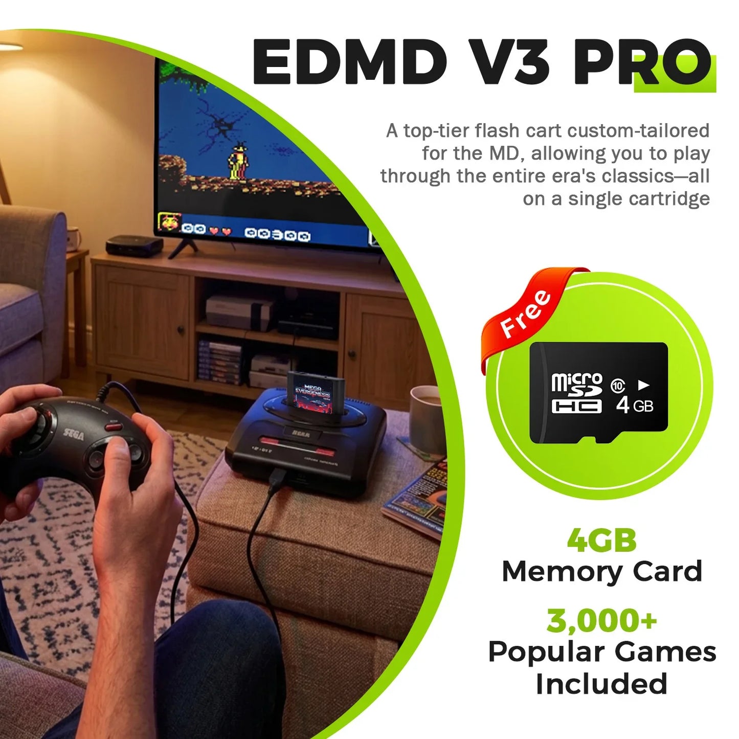 Mega EverDrive V3 Pro Game Cartridge - 3000-in-1 Flash Card for Sega Genesis Mega Drive with 4GB TF Card