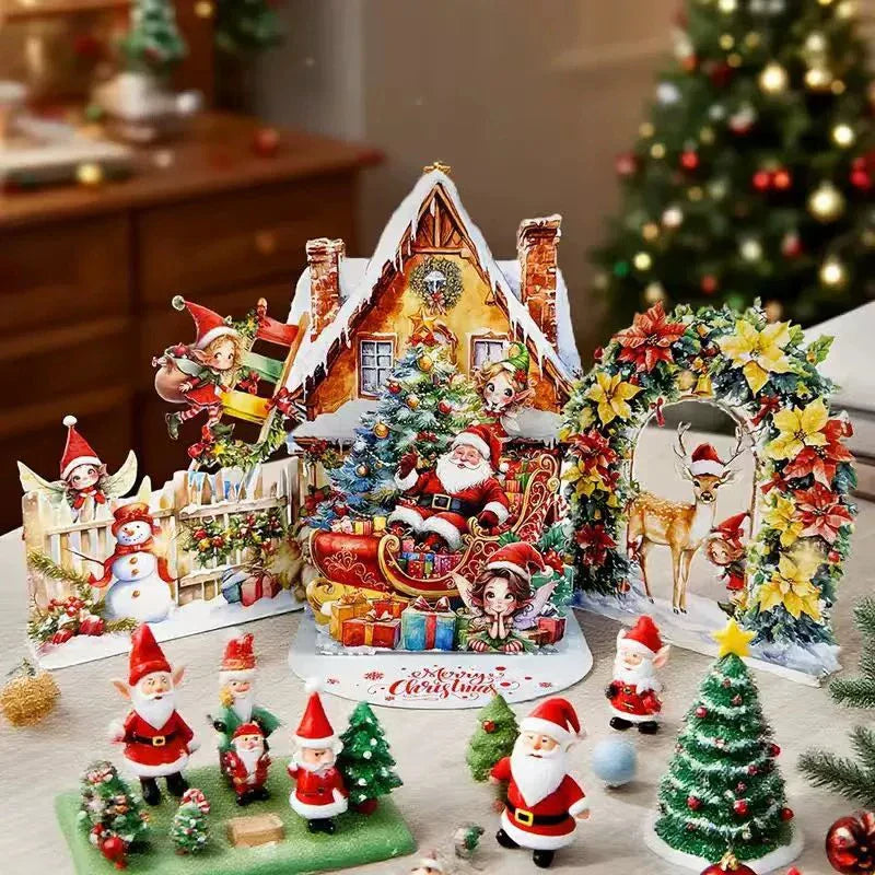 3D Christmas Card – Night Before Christmas Pop-Up Scene with Santa, Reindeer & Snowy Village