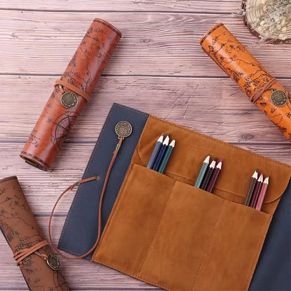 Creative Treasure Map Leather Pencil Case – Large Capacity Roll-Up Pencil Bag with Embossed Buckle, Retro Stationery Organizer