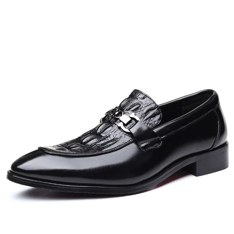 Men's Crocodile Grain Leather Loafers - Slip-On Business Office Wedding Party Dress Shoes with Buckle Flats