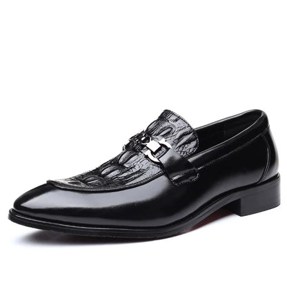 Men's Crocodile Grain Leather Loafers - Slip-On Business Office Wedding Party Dress Shoes with Buckle Flats