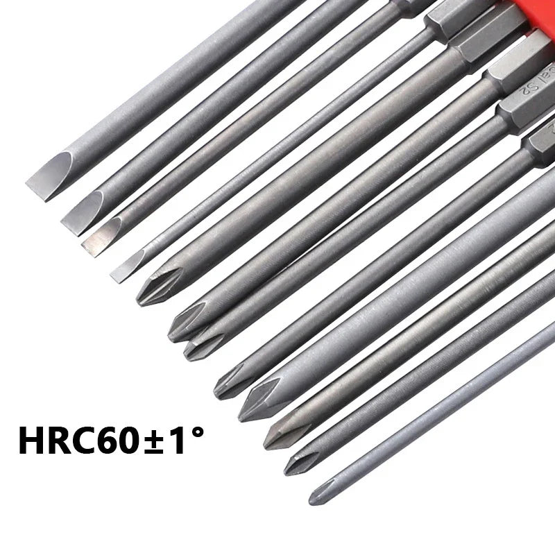 12Pcs 1/4 Inch Magnetic Screwdriver Bits - 50mm 75mm 100mm Long Power Tool Bit Set