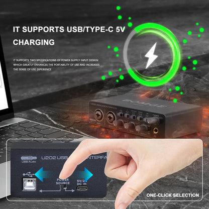BOMGE U202 USB Audio Interface – Mic Preamplifier with XLR/TS/TRS Ports, 48V Phantom Power, 32-Bit/192kHz for Computer Recording & Streaming