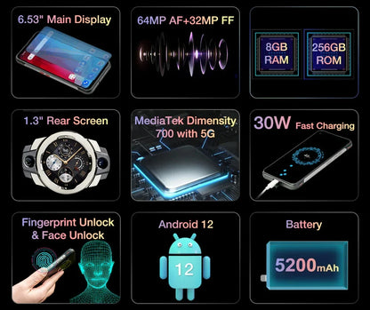 Unihertz Ticktock S Rugged 5G Smartphone – 8GB RAM, 256GB Storage, 5200mAh, 64MP Camera, 6.53" Dimensity 700 Display