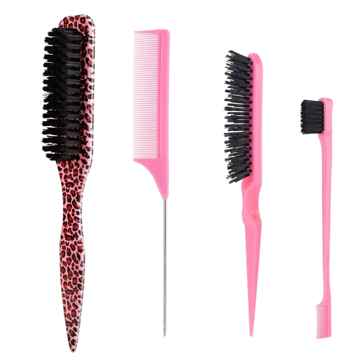 4Pc Boar Bristle Hair Brush Set - Slick Back Styling Tools for Ponytails, Buns, Baby Hair and Flyaway Control