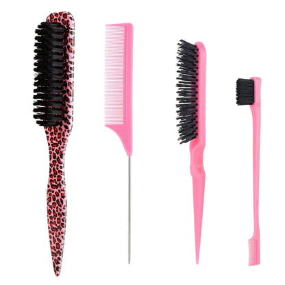 4Pc Boar Bristle Hair Brush Set - Slick Back Styling Tools for Ponytails, Buns, Baby Hair and Flyaway Control