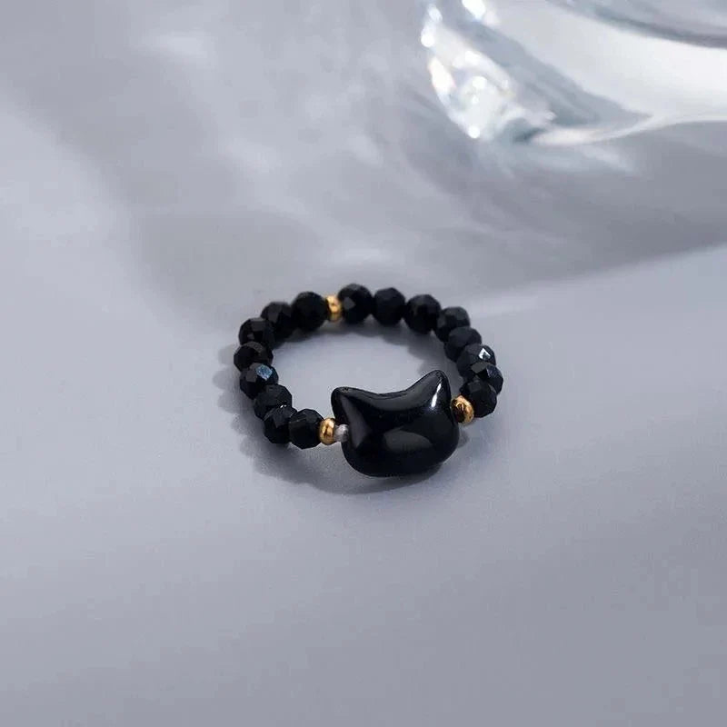 Natural Moonstone Obsidian Cat Rings - Minimalist Beaded Fidget Rings Black & White Couple Jewelry for Women & Men Party Accessories