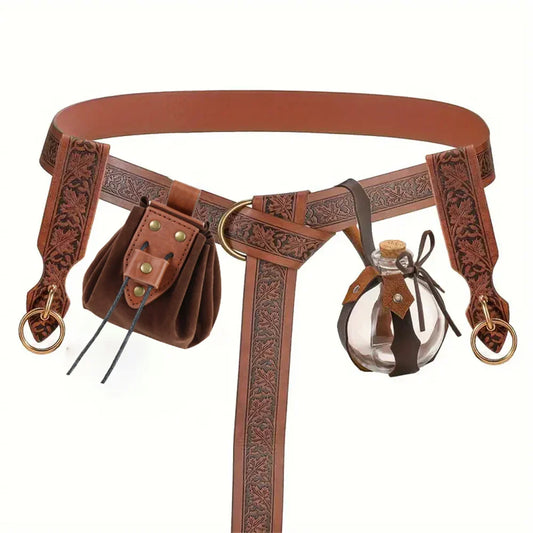 6PCS Medieval Cosplay Belts – Elf Leaf Embossed Leather with Potion Bottle, Viking Halloween