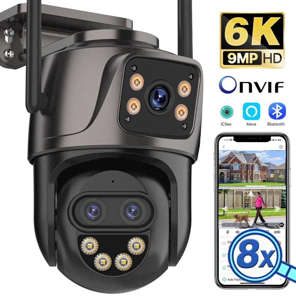6K 9MP HD Outdoor IP Camera, 3-Lens, Dual Screen, 4K/8MP, Auto Tracking PTZ Security Surveillance with iCSee
