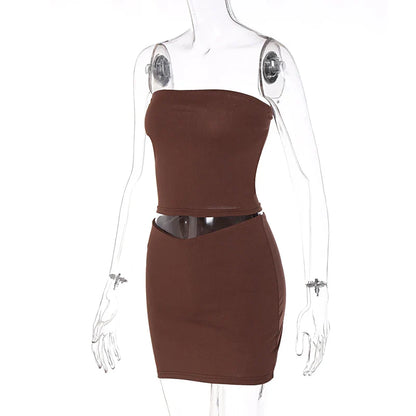 Hugcitar Solid Sleeveless Folds Tube Crop Top & Skirt Set – 2 Piece Summer Fashion Streetwear, Beach Clothing