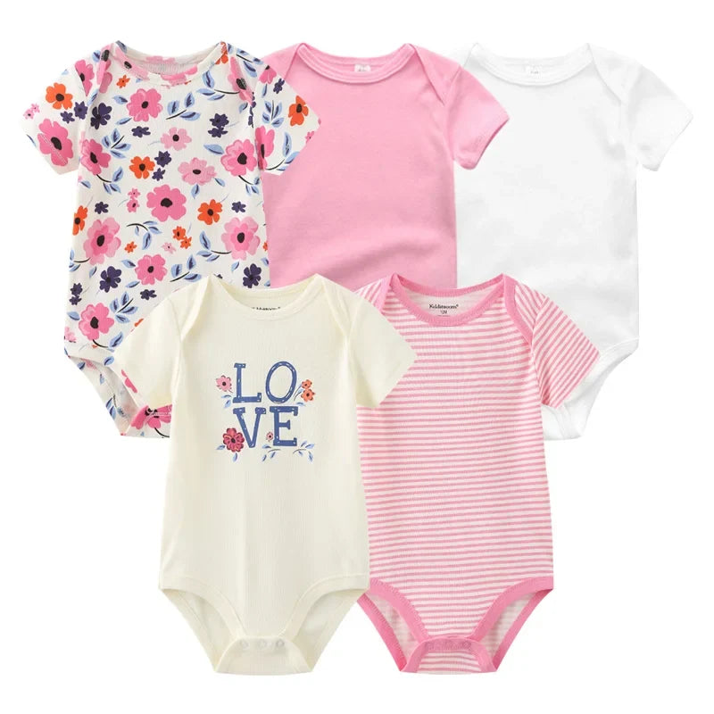 5PCS Newborn Baby Bodysuit Set - Soft Cotton Unisex Baby Clothes with Cartoon Print for Boys & Girls
