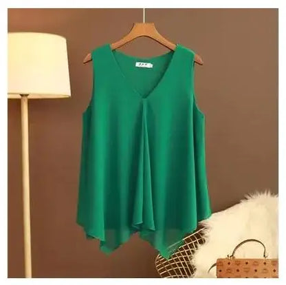 Women's Chiffon V Neck Blouse - Loose Sleeveless Plus Size Fashion Top M-5XL