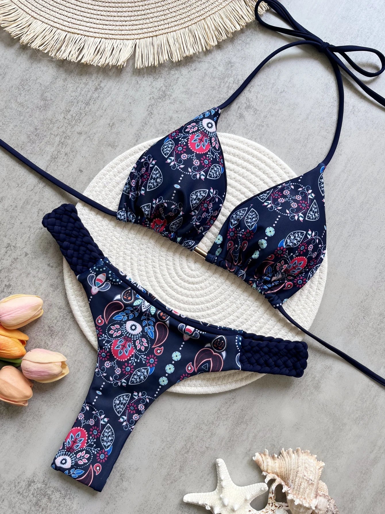 RUOTONSEPT Women’s Print Halter Bikini Set - High Cut Mini Thong Two-Piece Swimsuit Beach Swimwear
