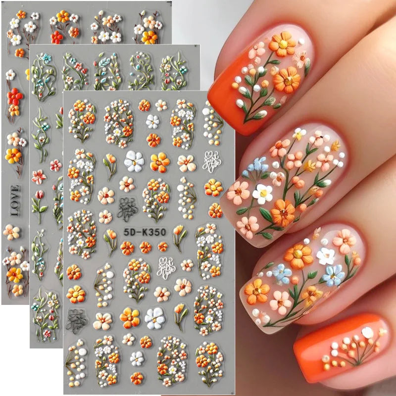5D Daisy Nail Stickers - Embossed Spring Floral Self-Adhesive Decals for Acrylic Nail Art & DIY Manicure Decoration