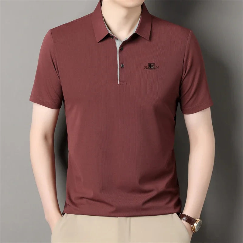 Men's Business Casual Short Sleeve Polo Shirt - Solid Color Breathable Badge Polo Top