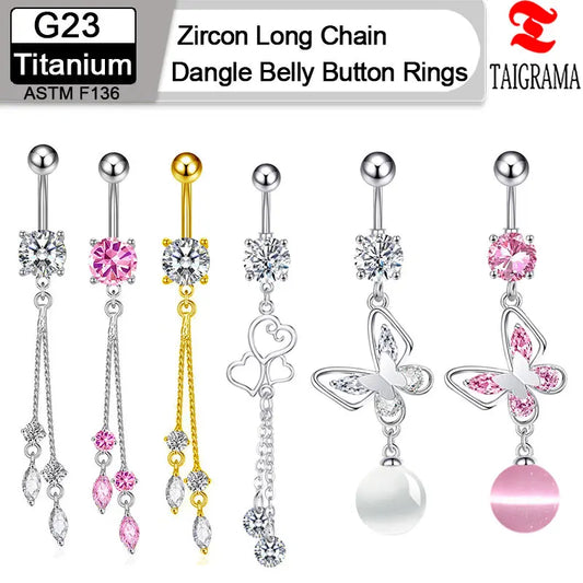 G23 Titanium Belly Button Ring - Zircon Butterfly Heart Dangle Navel Piercing Jewelry for Women 14G Sexy Style