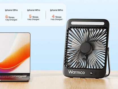 Warmco D4 Portable Desk Fan – 8" Rechargeable Camping Fan with 20000mAh Battery, Light, 48H Runtime, Silent Operation, Digital Display