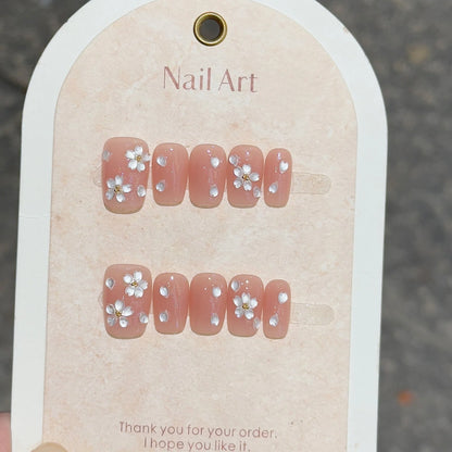 10 Pcs Handmade Short Square Press-On Nails – Full Cover Flower & Cat Eye Ballet False Nails Manicure Tips