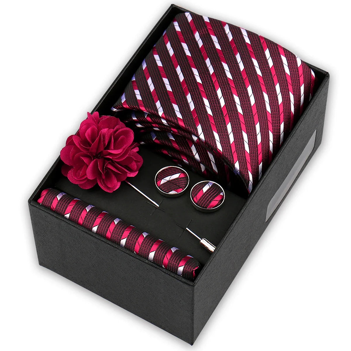 Men’s 4-Piece Tie Set Gift Box - Elegant Necktie with Handkerchief, Cufflinks & Brooch for Business, Wedding & Suit Accessories