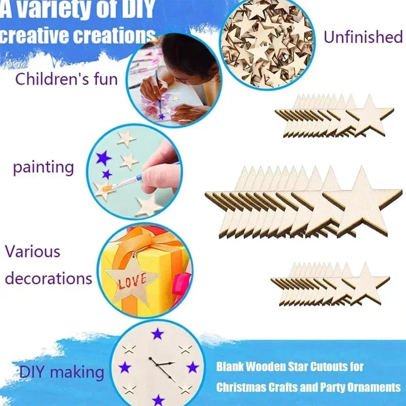Wooden Star Shape Unfinished Cutouts – DIY Paintable Craft Blanks for Christmas Ornaments, Party & Home Decor