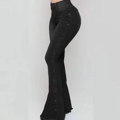 High Waist Stretch Flare Jeans - Vintage Button Front Floor Length Women's Denim Pants