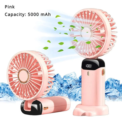 5000mAh Handheld Mini Fan – Wireless USB Rechargeable Portable Fan with Digital Display, Phone Holder, 5-Speed Foldable Neck Hanging Fan