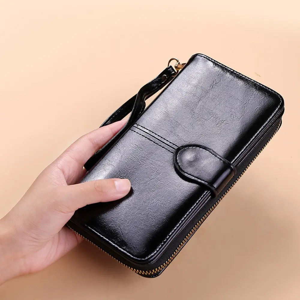 Women’s Vintage PU Leather Clutch Wallet — Large Capacity Phone Purse with Wristband, Simple Card Holder Pouch Bag