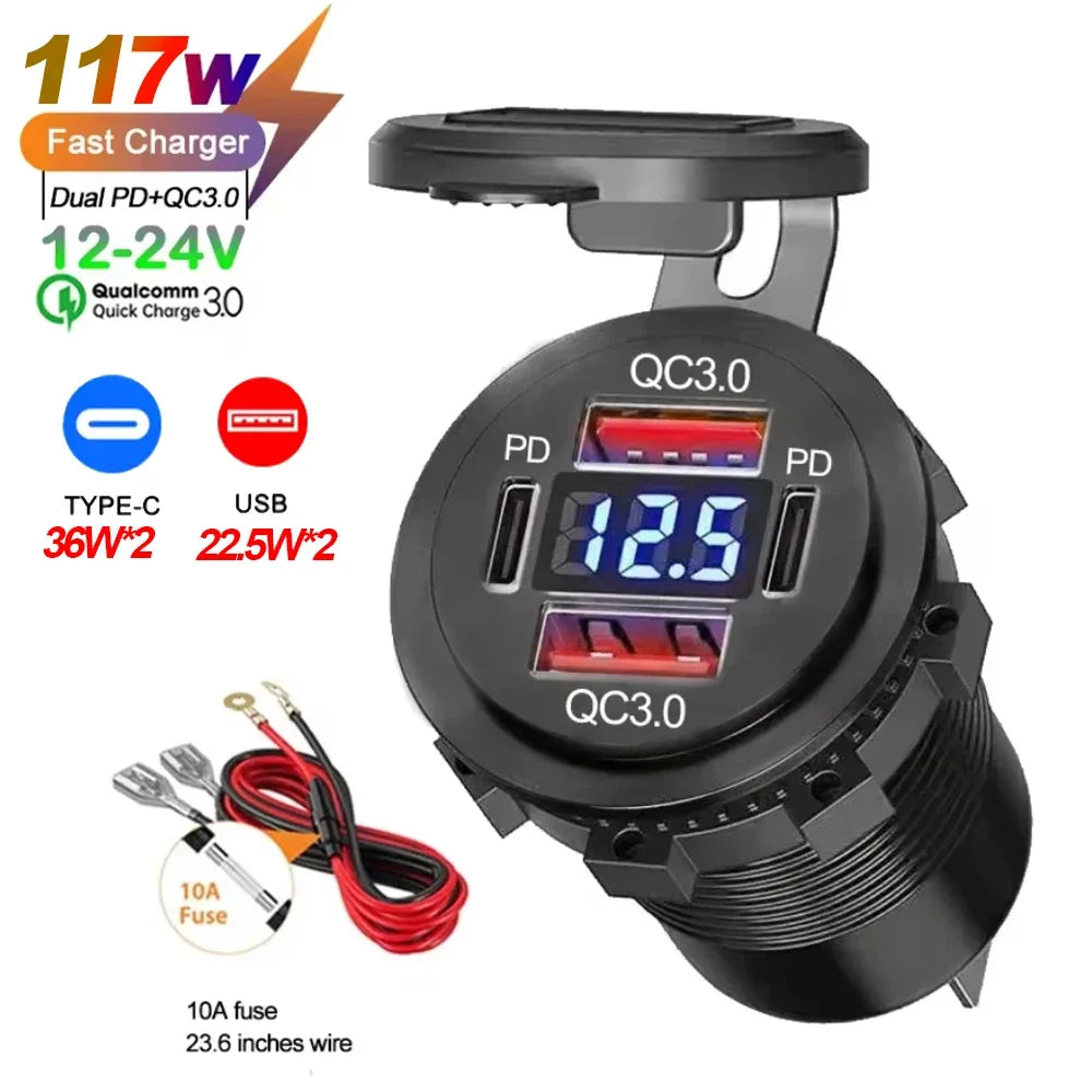 117W Dual USB Car Charger - PD & QC3.0 Fast Charging Adapter with Voltmeter Waterproof Socket for 12V/24V Vehicles