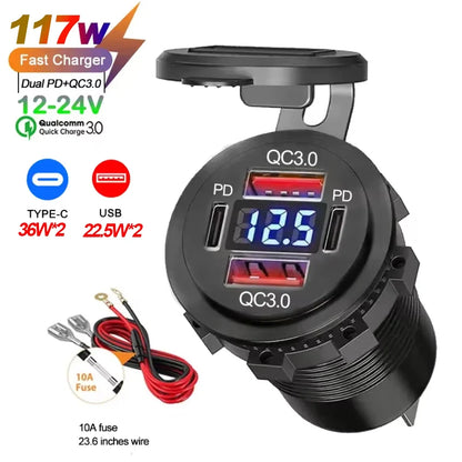 117W Dual USB Car Charger - PD & QC3.0 Fast Charging Adapter with Voltmeter Waterproof Socket for 12V/24V Vehicles