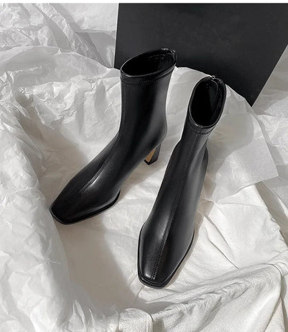 2024 New Vintage Brown Women's Ankle Boots – Fashionable Square Toe, Thick Heel Short Booties for Autumn & Winter