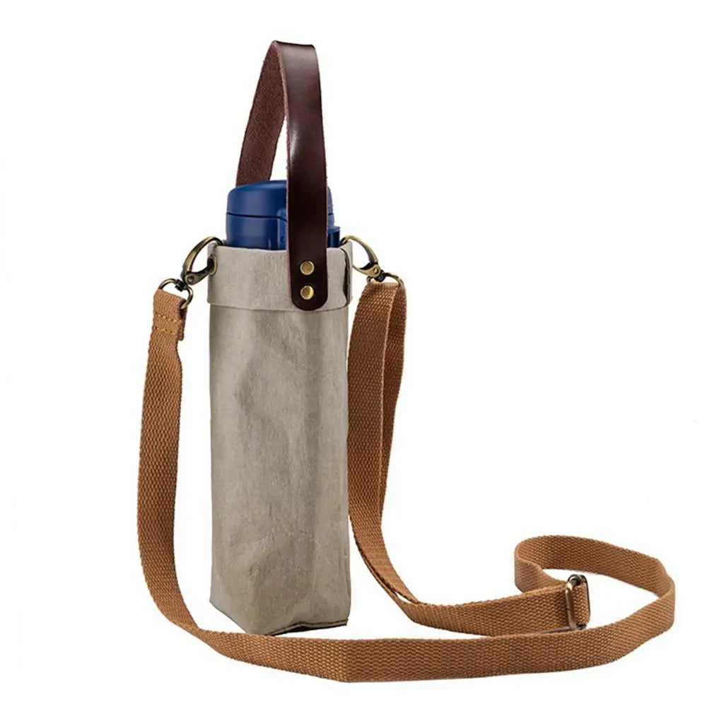 Kraft Paper Water Bottle Carrier Bag - Washable Insulated Pouch Holder with Shoulder Strap for Outdoor Travel
