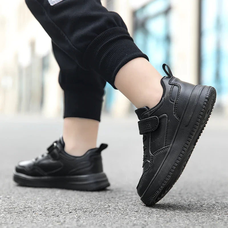 Kids' Black Leather Sneakers – Non-Slip Casual Walking & Tennis Shoes for Boys and Girls