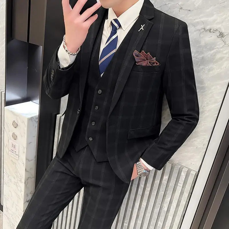 Men’s British Style 3-Piece Suit Set - Slim Fit Vest & Trousers Formal Banquet Fashion Ensemble