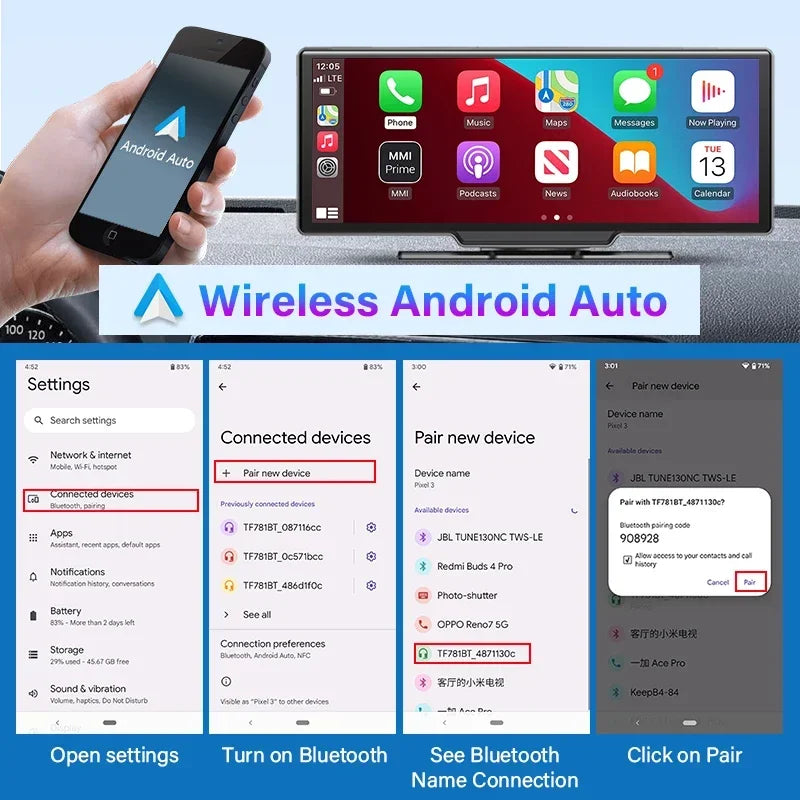 10.26'' 4K Dash Cam Car Mirror Video Player - Wireless CarPlay, Android Auto, GPS, and Rearview Camera Monitor