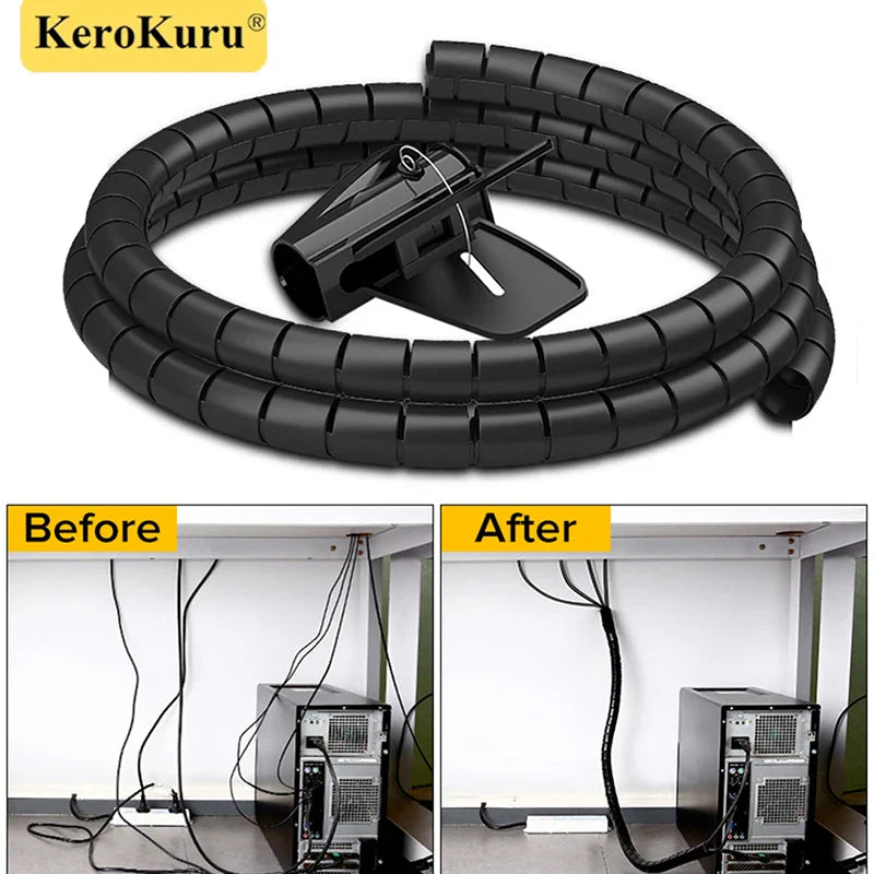2M Flexible Spiral Cable Protector - 16/10mm Wire Organizer Tube for Computer Cords, Cable Management Clip Tool