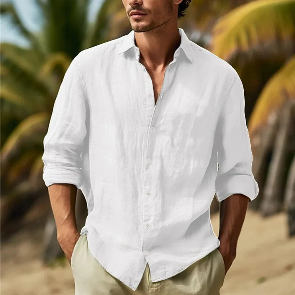 Men’s Cotton Linen Hawaiian Shirt - Lightweight Breathable Turn-Down Collar Casual White Streetwear Top