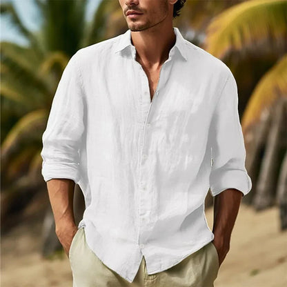 Men’s Cotton Linen Hawaiian Shirt - Lightweight Breathable Turn-Down Collar Casual White Streetwear Top