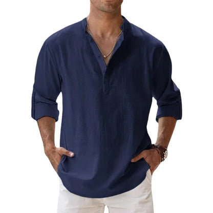 Men's Cotton Linen Henley Shirt - Lightweight Long Sleeve Casual Beach Summer Top