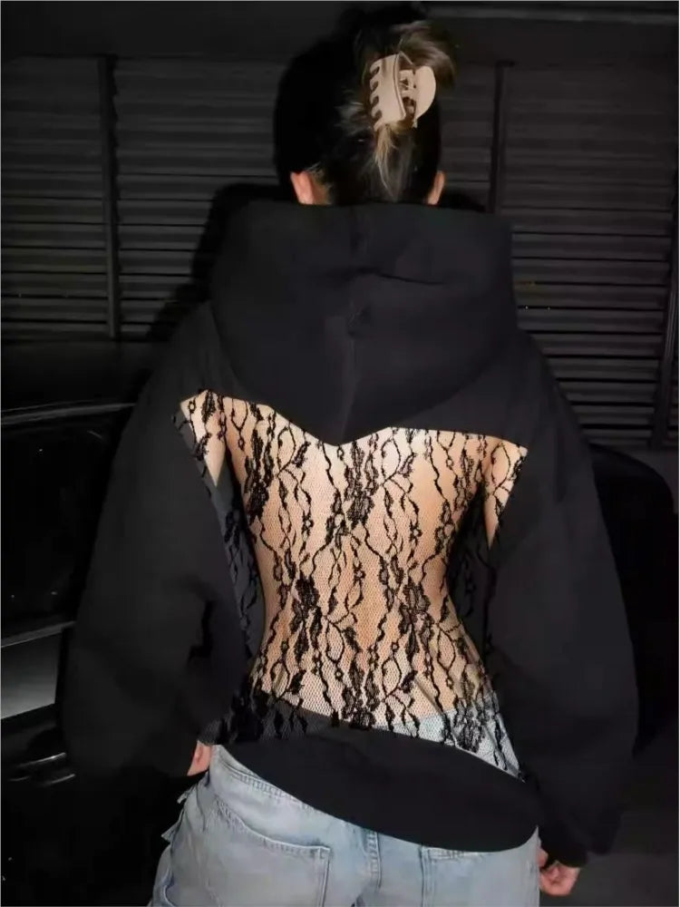 Women's Lace Splice Hoodie - Sexy See-Through Backless Fleece Pullover for Autumn & Winter Streetwear Fashion