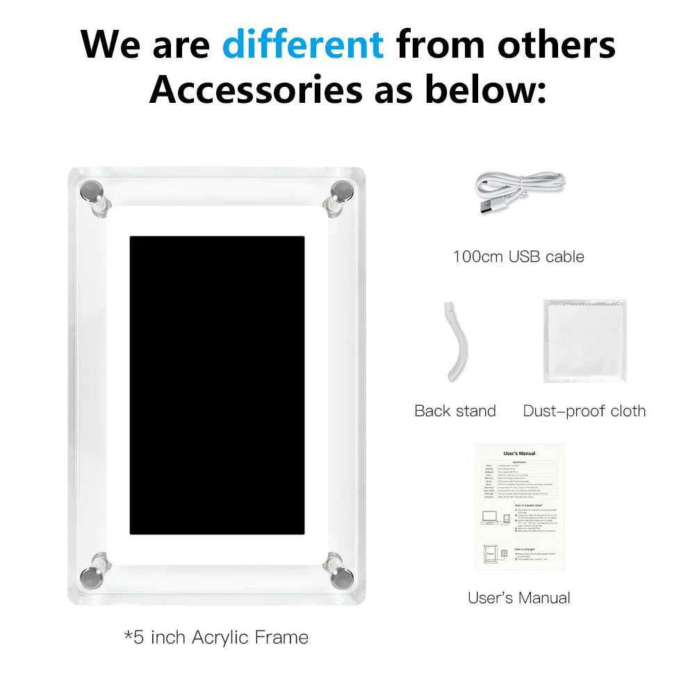 5-Inch Acrylic Digital Photo Frame – Vertical IPS Display, 4GB Memory & 1200mAh Battery Portable Picture Frame