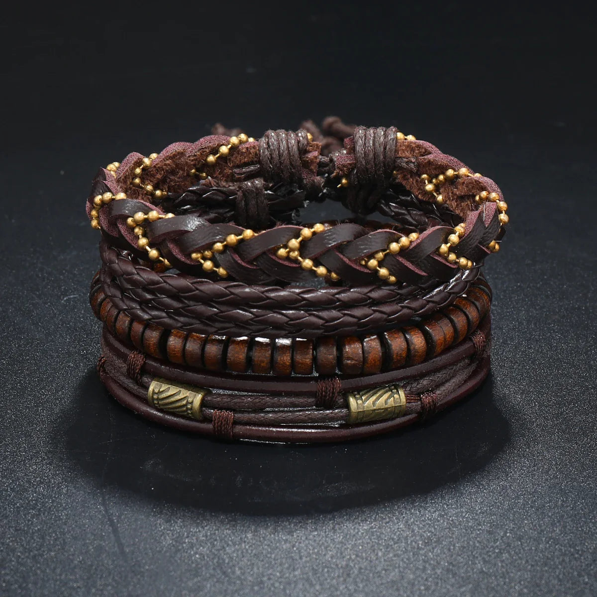 4Pcs Men's Braided Leather Bracelets Set – Vintage Life Tree & Rudder Charms, Wood Beads, Ethnic Tribal Wristbands