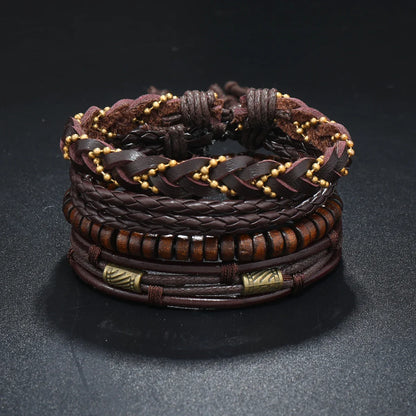 4Pcs Men's Braided Leather Bracelets Set – Vintage Life Tree & Rudder Charms, Wood Beads, Ethnic Tribal Wristbands