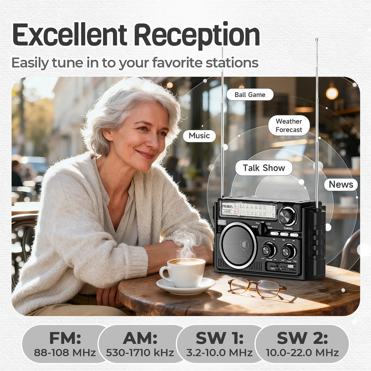 J-02S Portable AM/FM/SW Radio – Dual Antenna Solar Rechargeable 1800mAh Battery, Bluetooth Music Player for Outdoor Emergency Use