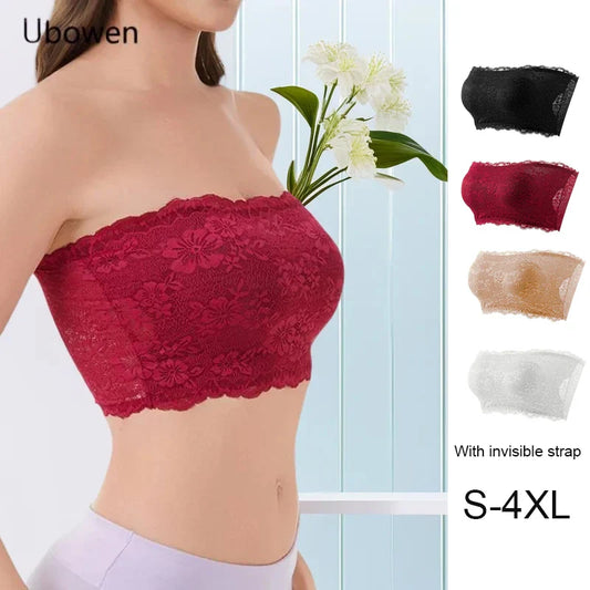 Plus-Size Women Floral Lace Strapless Bra with Elastic Chest Strap, Summer Invisible Shoulder Strap Wrap Tube Top