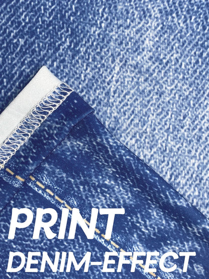 Plus Size Women’s Denim Print Leggings - Stretchy Casual Skinny Quarter Pants with Side Button Detail